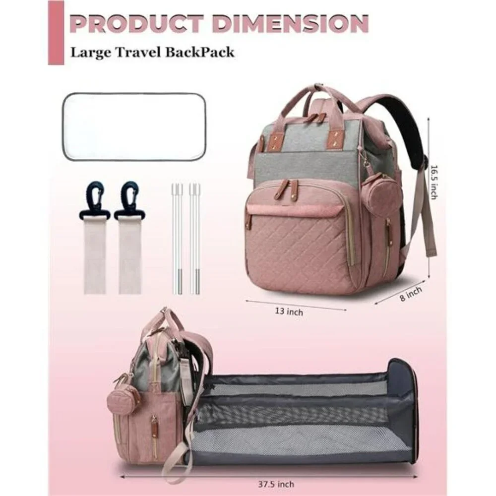 Pink Grey Diaper Bag Backpack with Changing Station Waterproof Baby Travel Bag